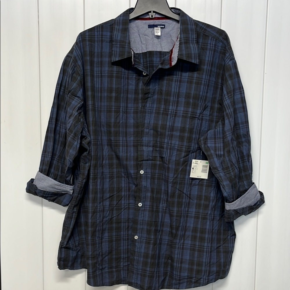 NWT Men’s Basic Editons Blue and Black Plaid Button-Up Shirt Size 4XL